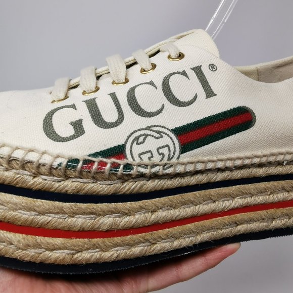 Gucci Canvas Logo Lace-up Wedge Espadrille Platform Shoes - Picture 7 of 13
